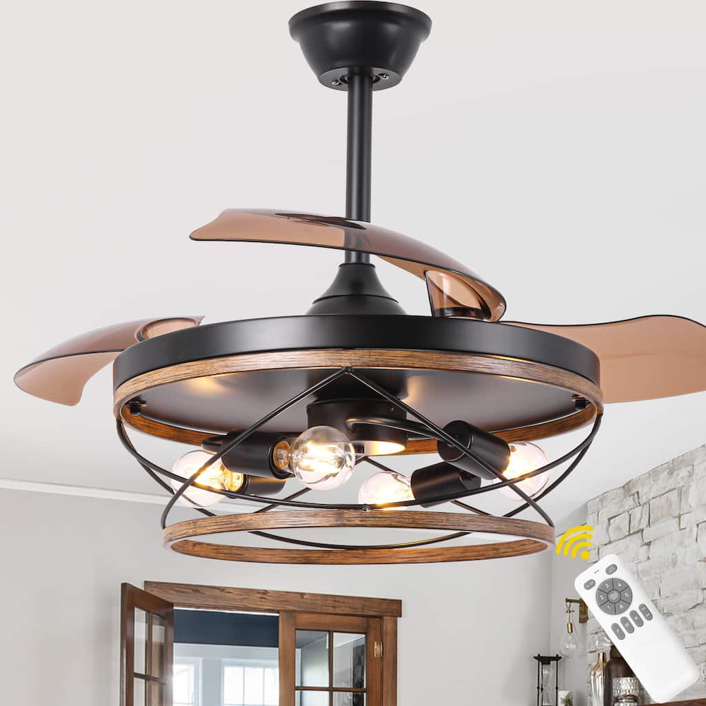 Bella Depot 42" Rustic Retractable Wood Ceiling Fan with Light and Remote 6-Speed Reversible Fan