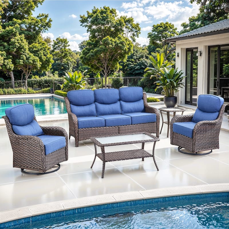 Gymojoy 5-Piece Patio Furniture Set with Swivel Glider Chairs, 6-Inch Ultra-Plush Cushions & Water-Resistant Olefin Fabric - Brown Wicker / Blue Cusion - 5-Piece