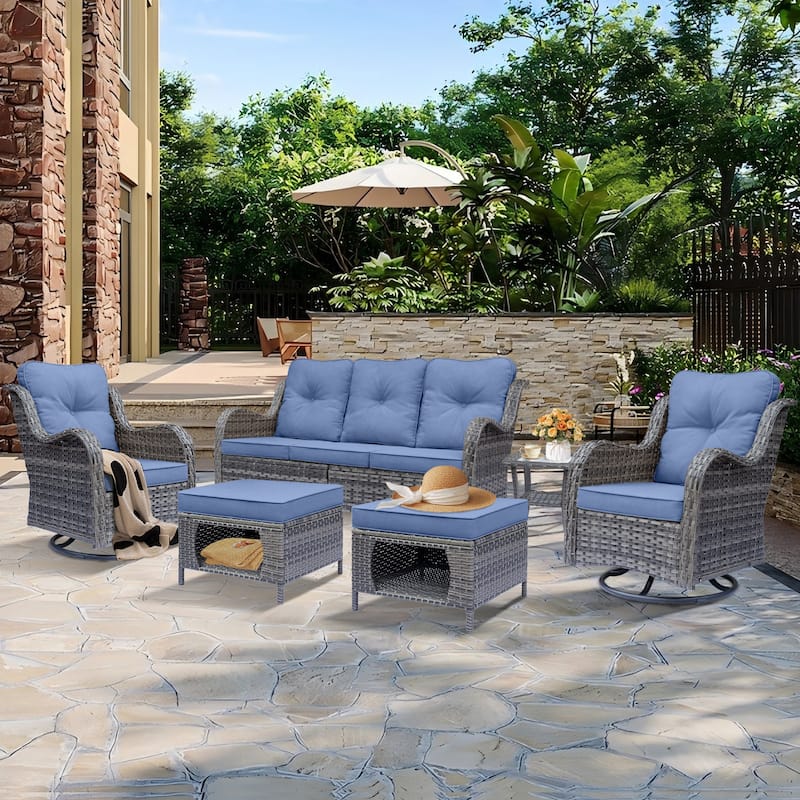 Outdoor Patio Wicker Furniture Swivel Rocker Chairs Set with Cushions - 6 Piece - Denim Blue