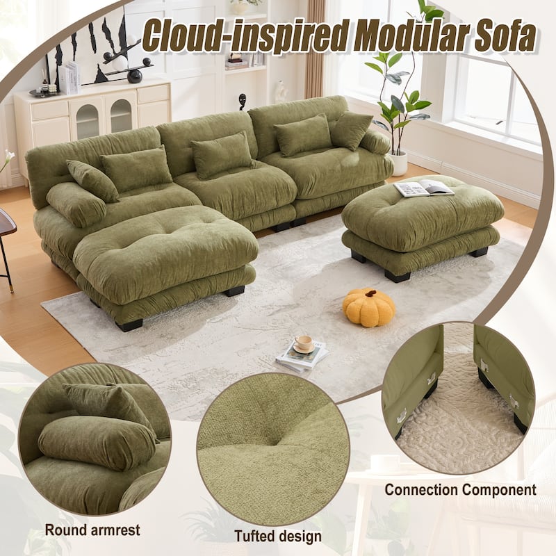Pelletized Velvet U-shaped Sectional Sofa Modular Chaise Lounge Couch with 2 Ottomans, Deep Seat, Bolster Arms and Pillows