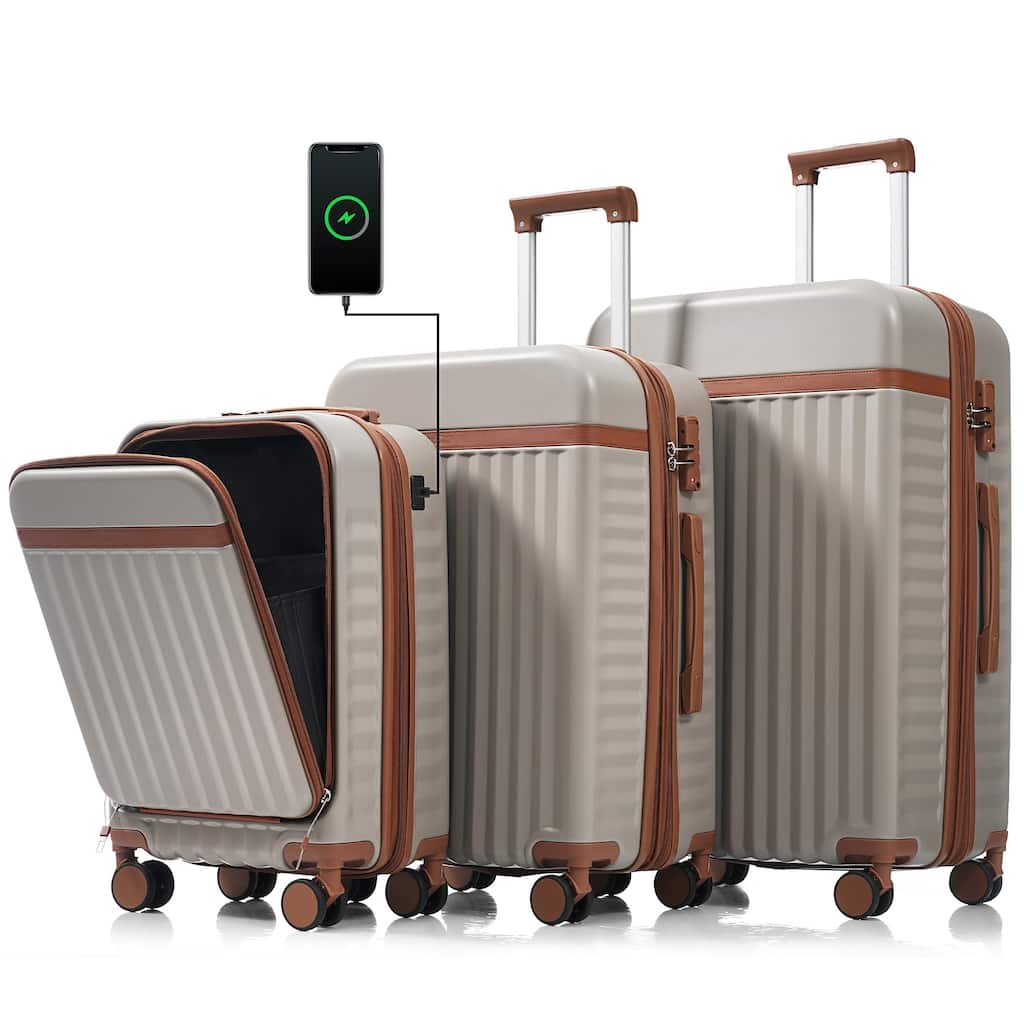 Luggage Set of 3, 20inch with USB Port, front opening design Airline Certified Carry on Luggage, ABS Hard Shell Luggage