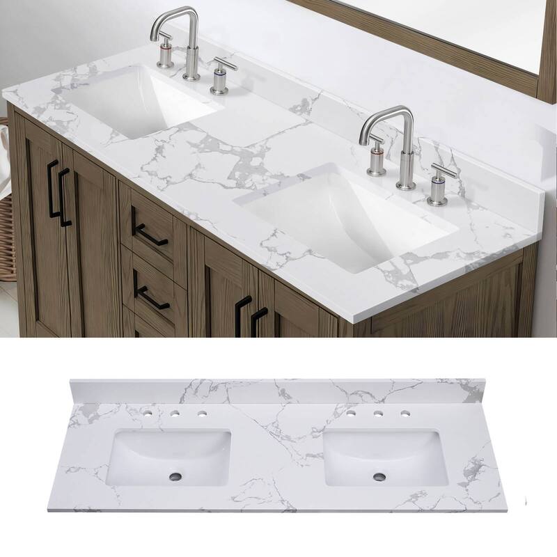 Glacifrost 61 inch Cultured Marble Bathroom Vanity Top with Double Sink