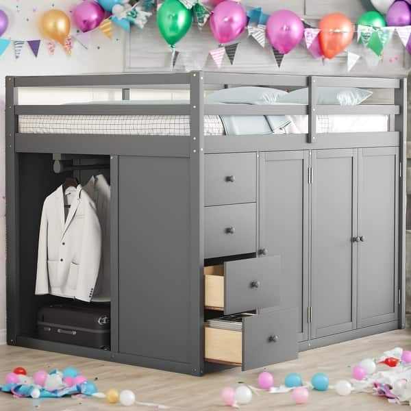 slide 2 of 9, Full Size Loft Bed With Built-in Wardrobes,Cabinets And Drawers for Home Grey