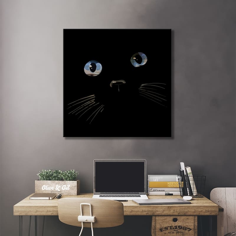 Black Cat Blue Eyes Print On Wood by Thomas Little - Multi-Color