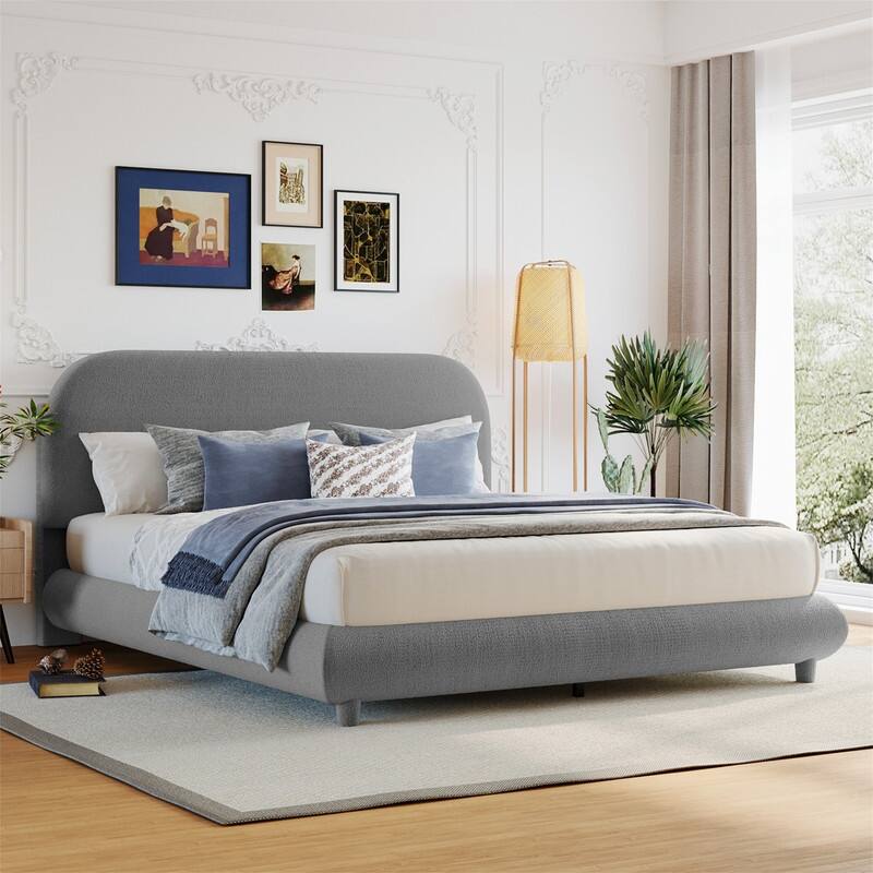 Full/Queen Size Teddy Fleece Upholstered Bed with Thick Fabric, Platform Bed Frame with Headboard & Stylish Curve-shaped Design - grey - Queen