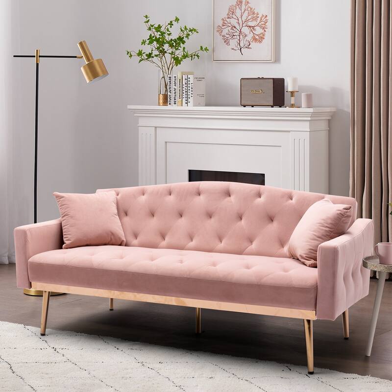 Pink Tufted Nailhead Trim Backrest Futon Sofa Bed for Living Room Velvet Upholstered Sleeper