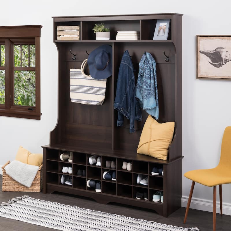 Prepac Hall Tree with Bench and Shoe Storage, Mudroom Bench with Storage and Hooks - 60" Wide Hall Tree with 24 Shoe Cubbies - rich espresso