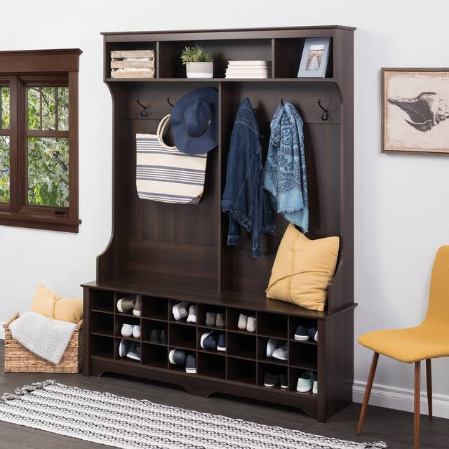 Prepac Hall Tree with Bench and Shoe Storage - 60" Wide Hall Tree with 24 Shoe Cubbies - rich espresso