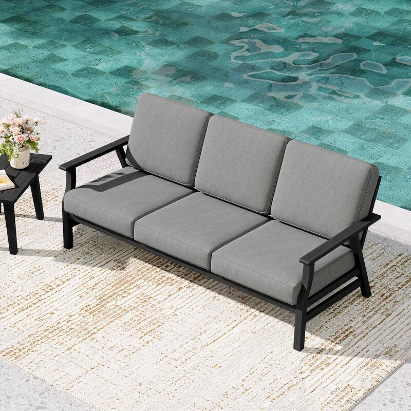 Teak Frame Outdoor Loveseat Daybed with Water-Resistant Cushions. - Grey/Daybed - Black Wood