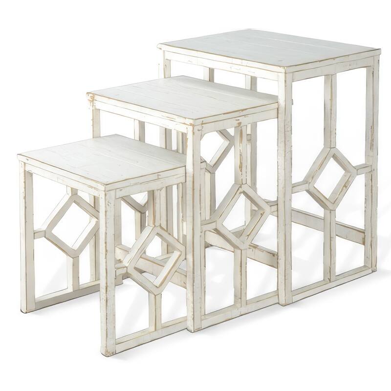 Rena 3 Piece Nesting Accent Table Set, Slatted, Rustic White Mahogany