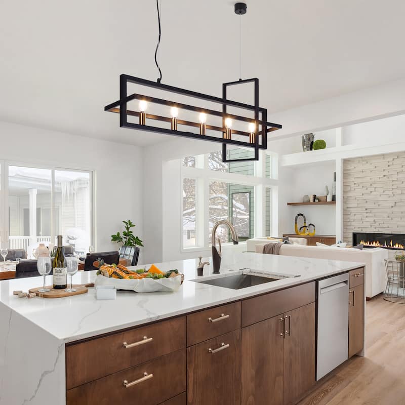 Modern 5-Light Linear Chandelier Candle Kitchen Island Lights - Black&Brass - 36.7"Wx7"Dx14.7"H