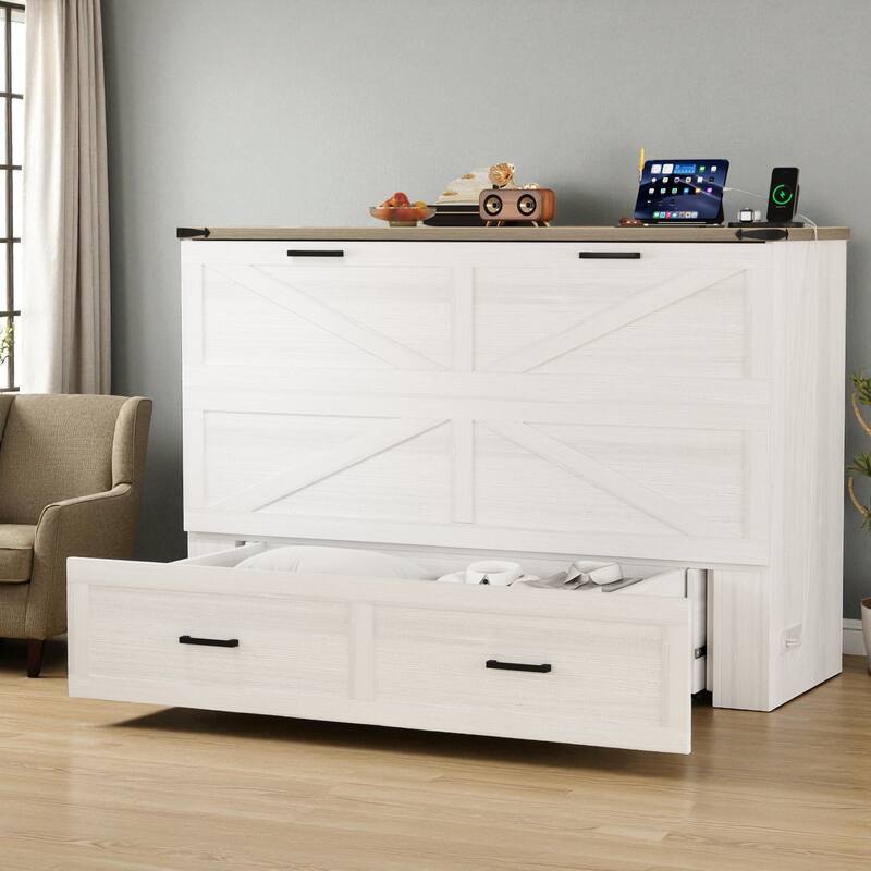 Queen Farmhouse Murphy Cabinet Bed with Charging Station and Large Storage Drawer, Foldable Space-Saving Platform Bed