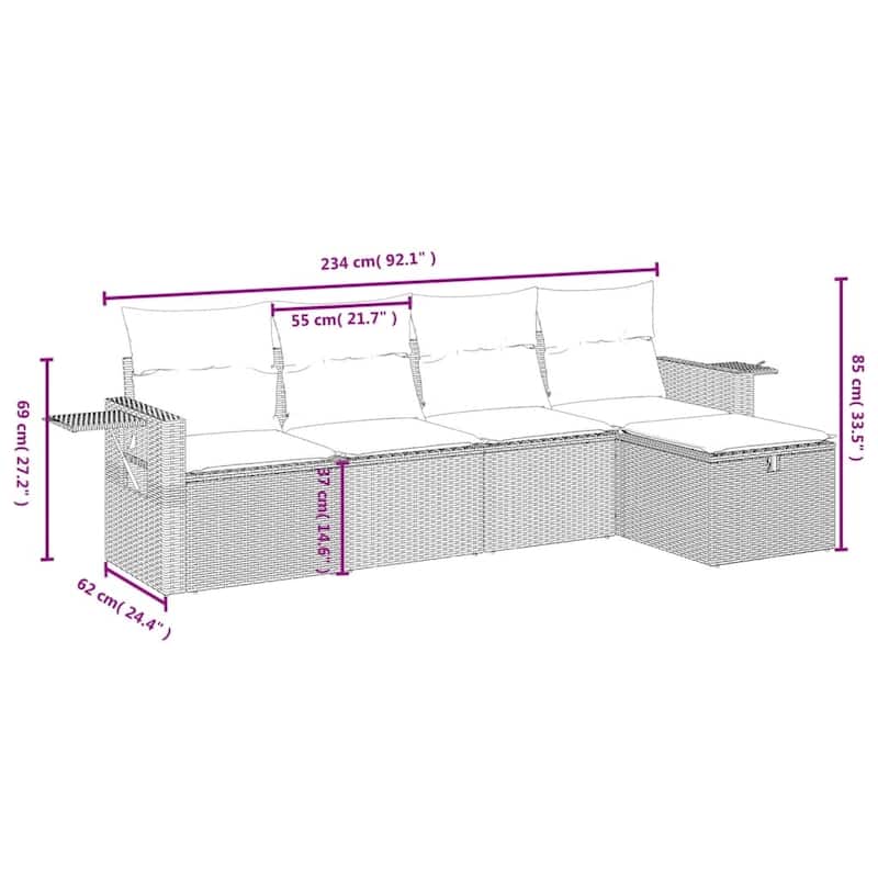 vidaXL Patio Sofa Set with Cushions Outdoor Conversation Furniture Poly Rattan - 21.7" x 24.4" x 27.2"