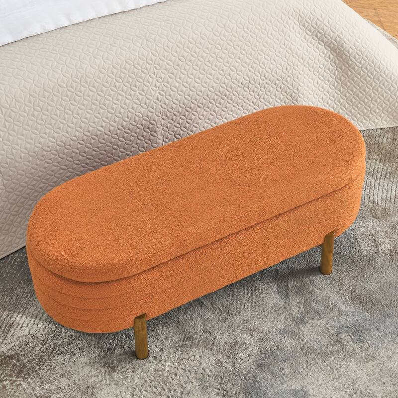 Small Ottoman Oval Storage Bench with Rubber Wood Leg Bedroom Upholstered Footstool Bench with Hidden Storage
