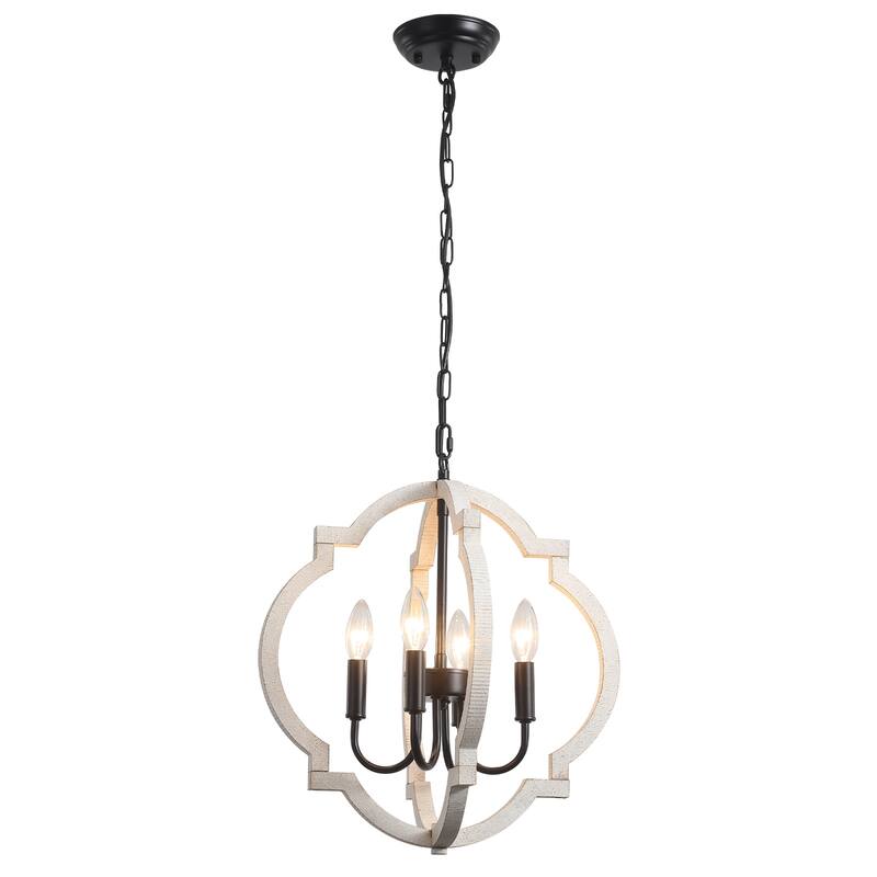 4-Light W16.34" x H78.74" Wooden Lantern Rustic Chandeliers for Dining Room