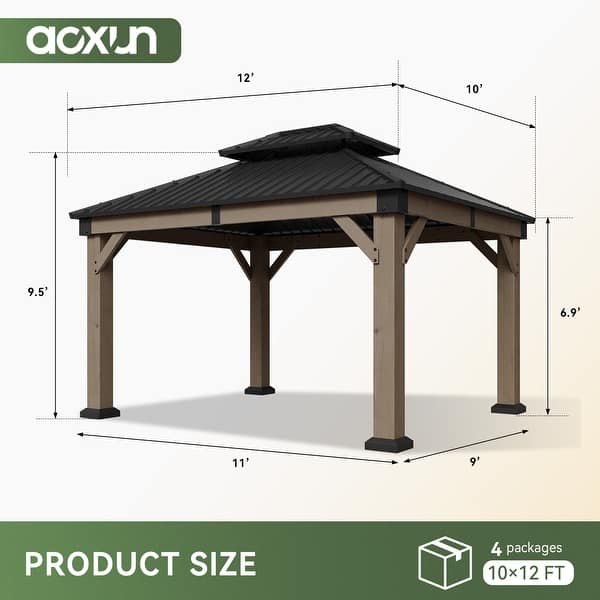 dimension image slide 5 of 6, Aoxun Outdoor Cedar Wood Gazebo with Double Hardtop Roof