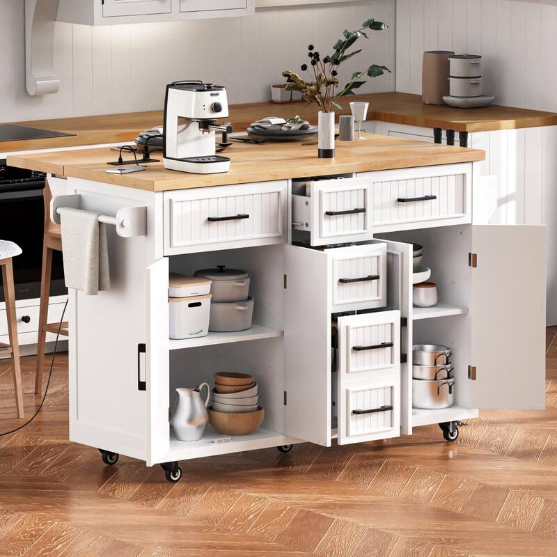 56.5'' Kitchen Island with Drop Leaf, Power Outlet, Embossed Vertical Stripe and Adjustable Shelves - White
