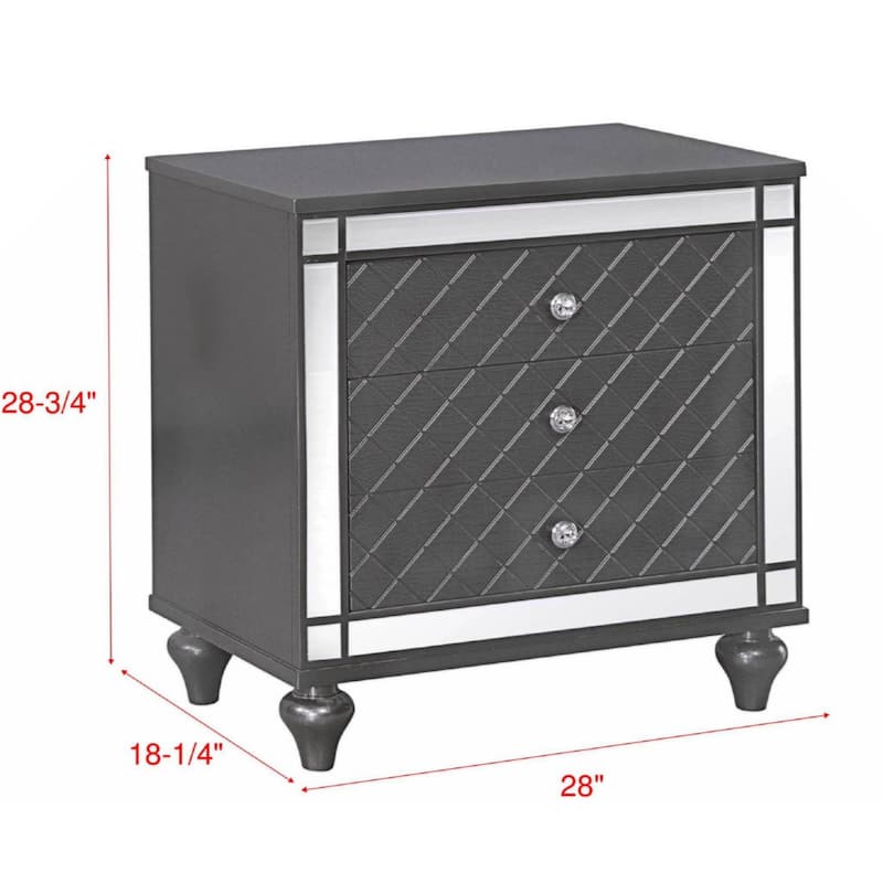 1Pc Glam Contemporary Style 3-Drawer Nightstand End Table with Mirror Plating Tapered Legs Gray Finish