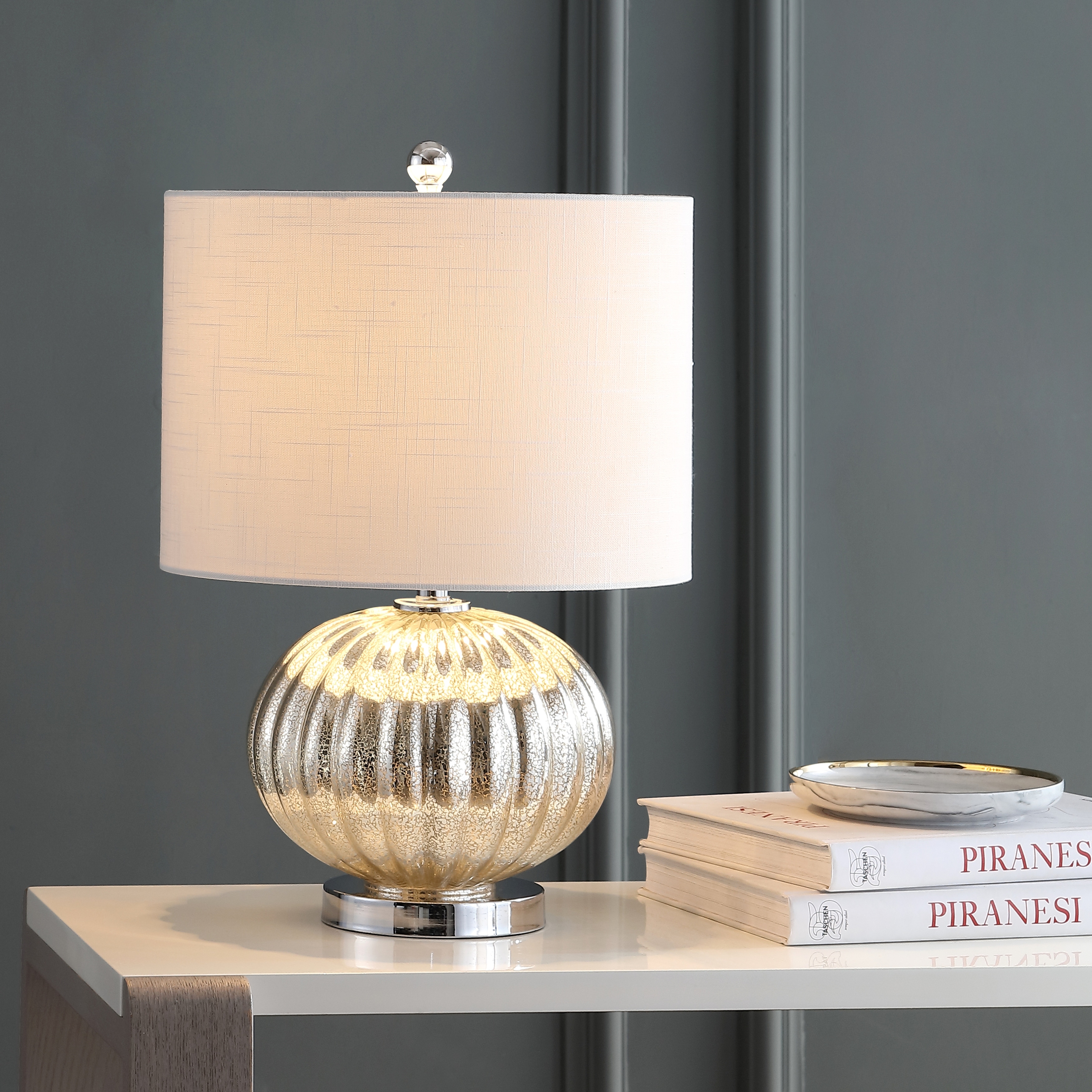 JONATHAN Y Judith 21" Mercury Glass LED Table Lamp, Silver/Ivory
