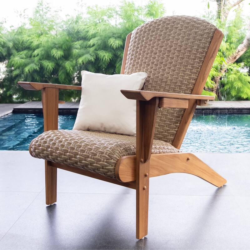 Cambridge Casual Camden Teak Outdoor Adirondack Chairs with Padded Woven Seat - Natural Teak/Beige Wicker