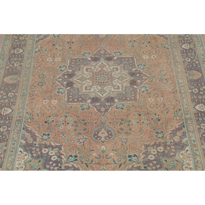 Distressed Tabriz Persian Vintage Rug Hand-Knotted Peach Wool Carpet - 7'10"x 10'8"