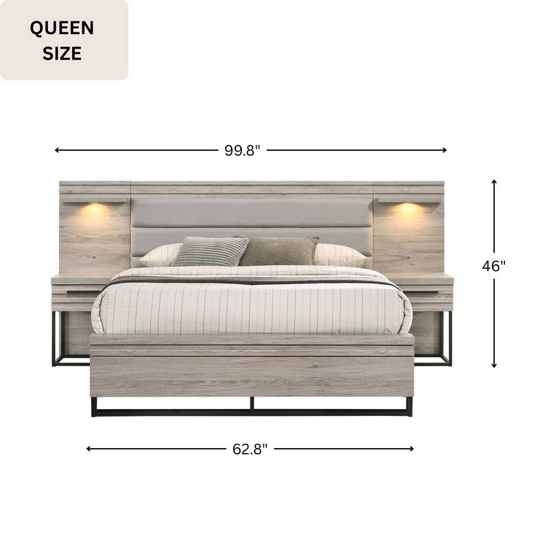 Roundhill Furniture Alvear Upholstered Wood Wallbed Bed with White LED Lights, 2 Nightstands, Weathered Gray