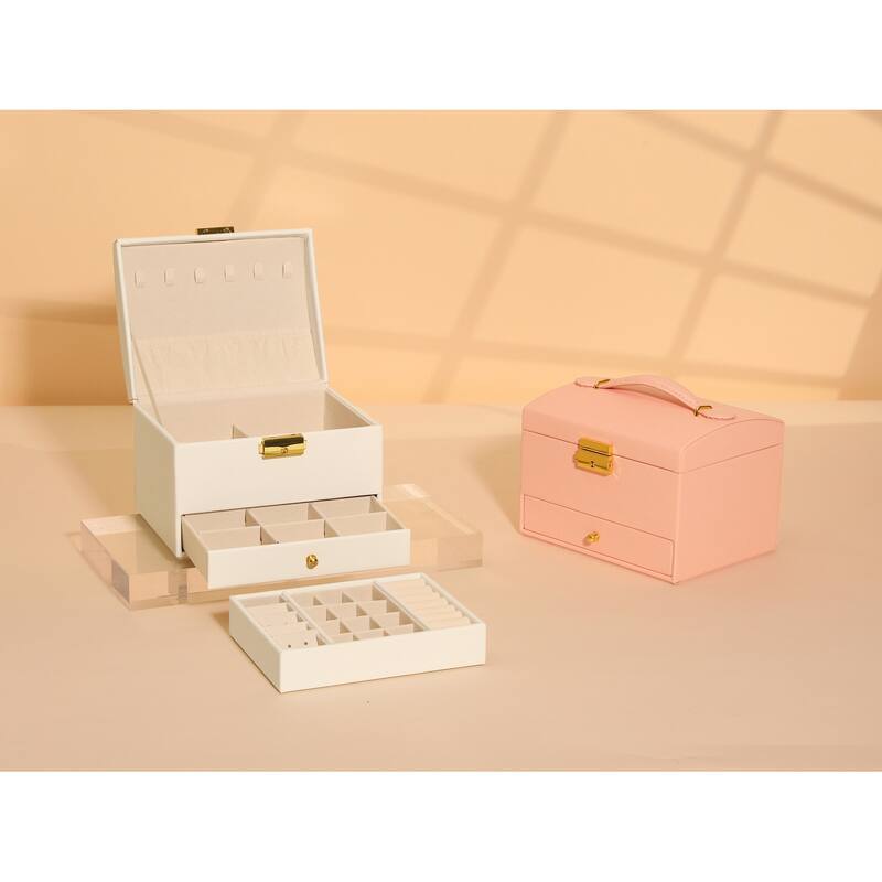 3 Layer Jewelry Box, PU Leather Jewelry Organizer Case Storage Display Holder with Drawer, Removable Jewelry Tray - 17*14*13cm