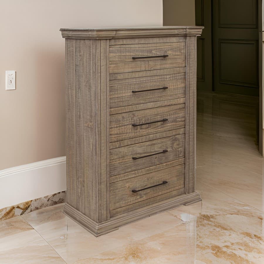 Tren 54 Inch Tall Dresser Chest, 5 Drawers, Pine Wood, Gray, Black Handles  - Overstock - 40386551