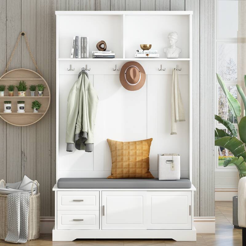 Elegant Hall Tree with Sliding Doors, Coat Rack with 6 Silvery Hooks & Handles, Mudroom Bench Cabinet with Shoe Storage