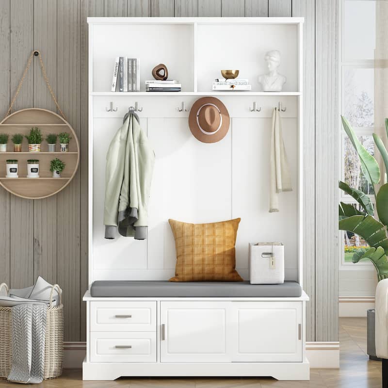 Hall Tree with Sliding Doors, Coat Rack 6 Hooks Mudroom Bench Cabinet Shoe Storage - White