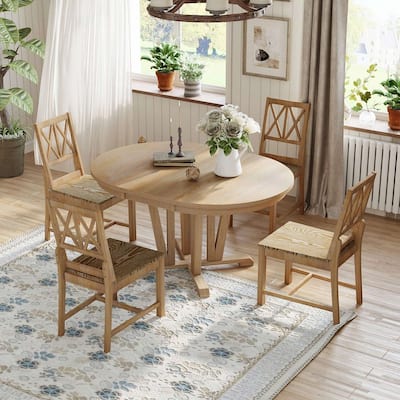 Farmhouse Solid Wood 4 Person Round Extendable Dining Table Set for Kitchen, Dining Room