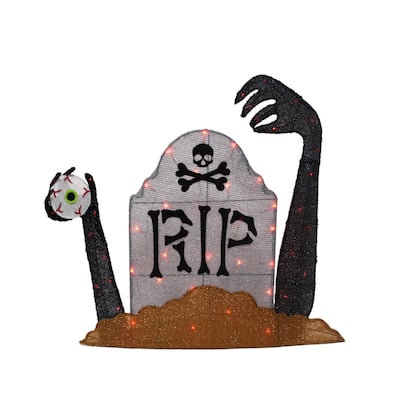 Lighted Tombstone Halloween Decoration - 36" - Black and Gray - Orange LED Lights