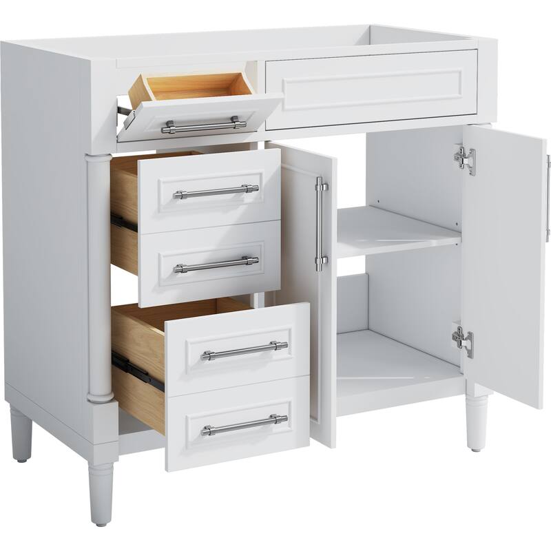 Roomfitters 36" Vanity Cabinet Without Sink, Solid Wood Storage Unit with 2 Drawers, Tip-out Tray and Adjustable Shelf, White