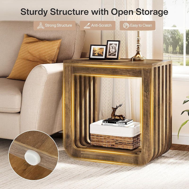 Farmhouse Side Table with Slatted Open Frame for Living Room Bedroom Small Spaces, Brown