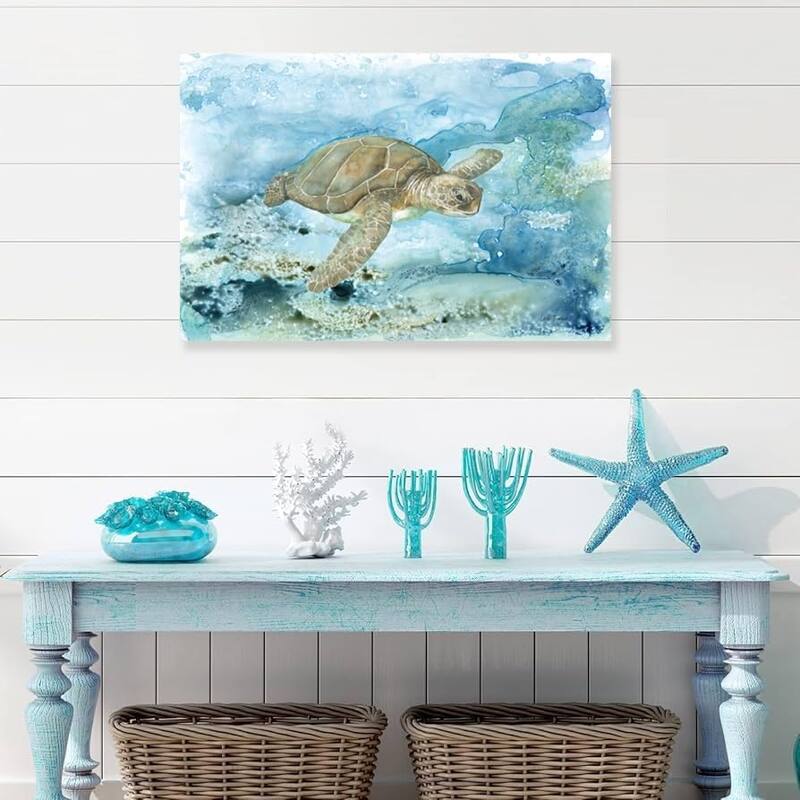 Modern Ocean Theme Nautical Painting Watercolor Coastal Turtle