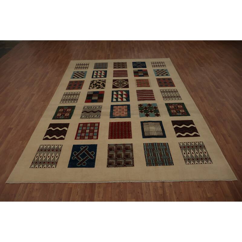 Hand Knotted Oriental 100% Wool Carpet Traditional Geometric Beige & Ivories Peshawar Area Rug - 11' 8'' X 8' 3''