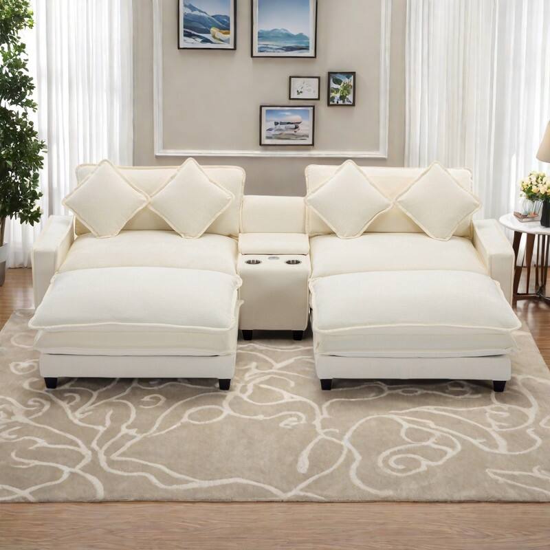 111" Chenille Sectional Sofa with 2 Ottomans, USB Ports and Storage - 4-Seater and Pocket Spring Cushions Cup Holders - Beige