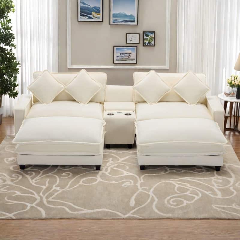 111" Chenille Sectional Sofa with 2 Ottomans, USB Ports and Storage - 4-Seater and Pocket Spring Cushions Cup Holders