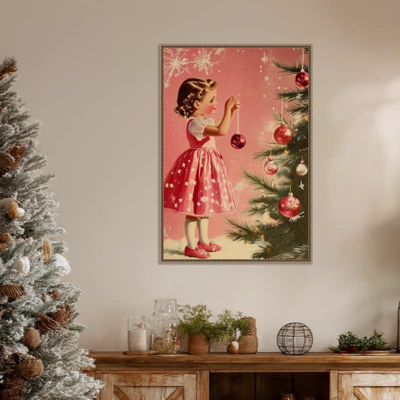 Girl With Baubles by Pictufy Studio (23 x 33 in.), Framed Canvas Wall Art Print - Sylvie Beaded Dark Gold