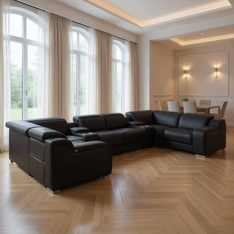 HomeRoots Black Italian Leather Power Reclining U Shaped Eight Piece Corner Sectional With Console - Symmetrical - Black