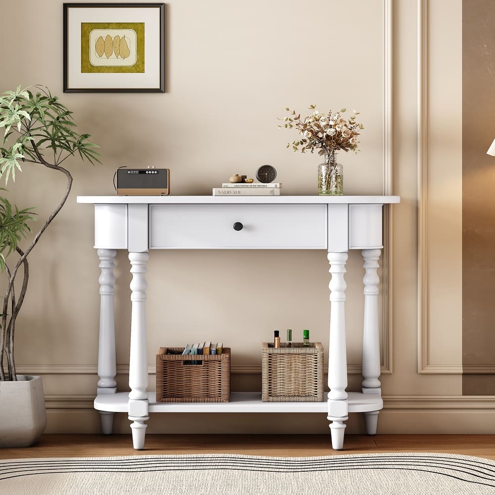Corner Curved Console Table Sofa Table with Top Drawer and Open Shelf, Wood Entryway Table with Spindle Shape Legs