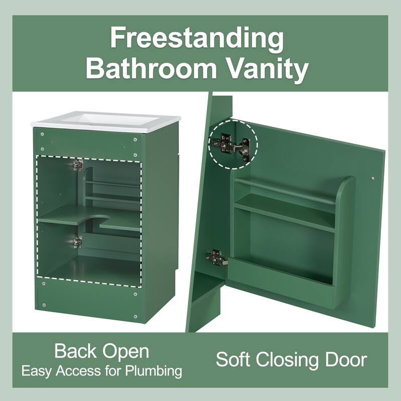 Green 20" Bathroom Vanity Cabinet with Sink, Soft Closing Door, Storage Shelf, and Adjustable Interior Shelf