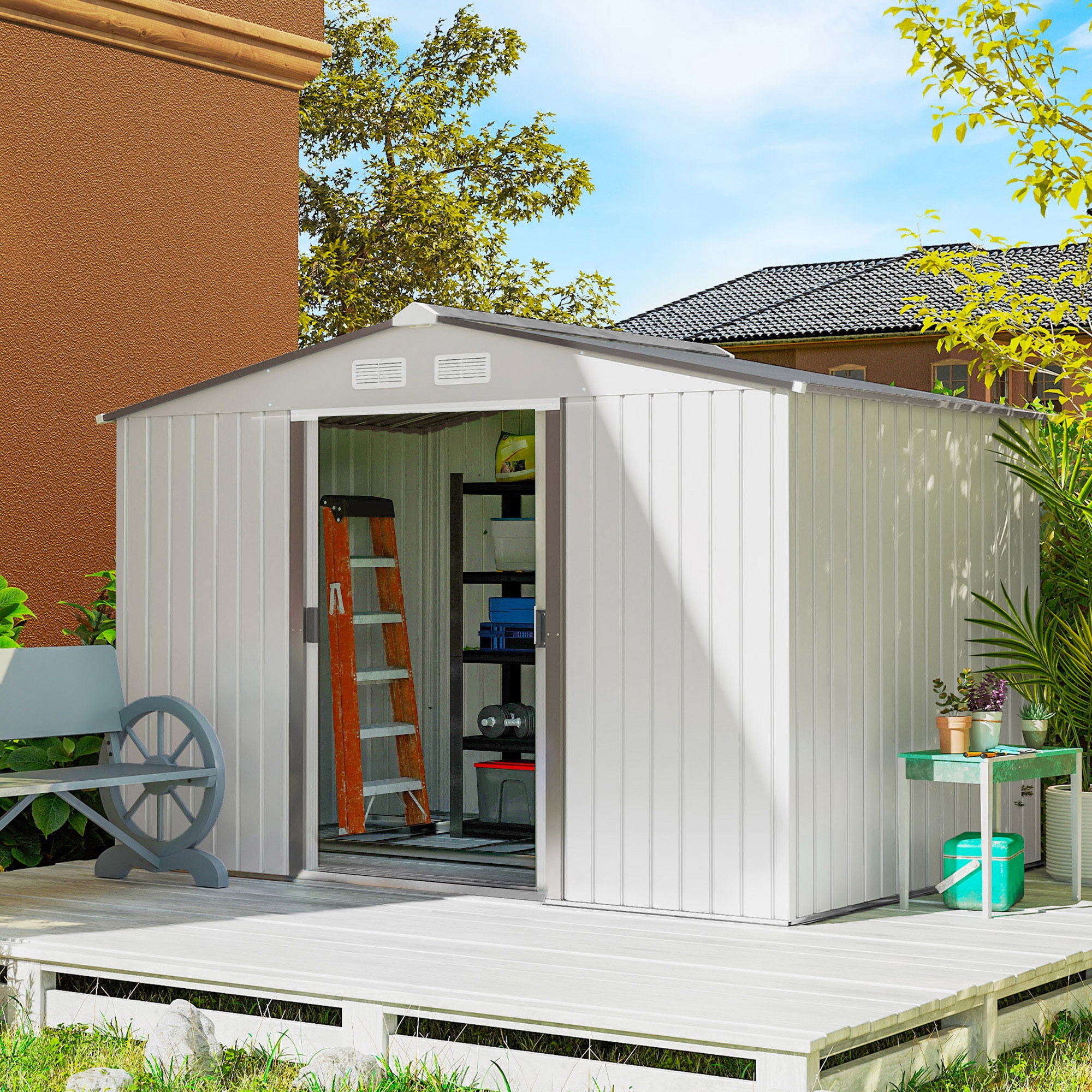 Outsunny 9' x 6' Outdoor Backyard Garden Tool Shed with Double Sliding Doors, 4 Airy Vents, & Durable Steel