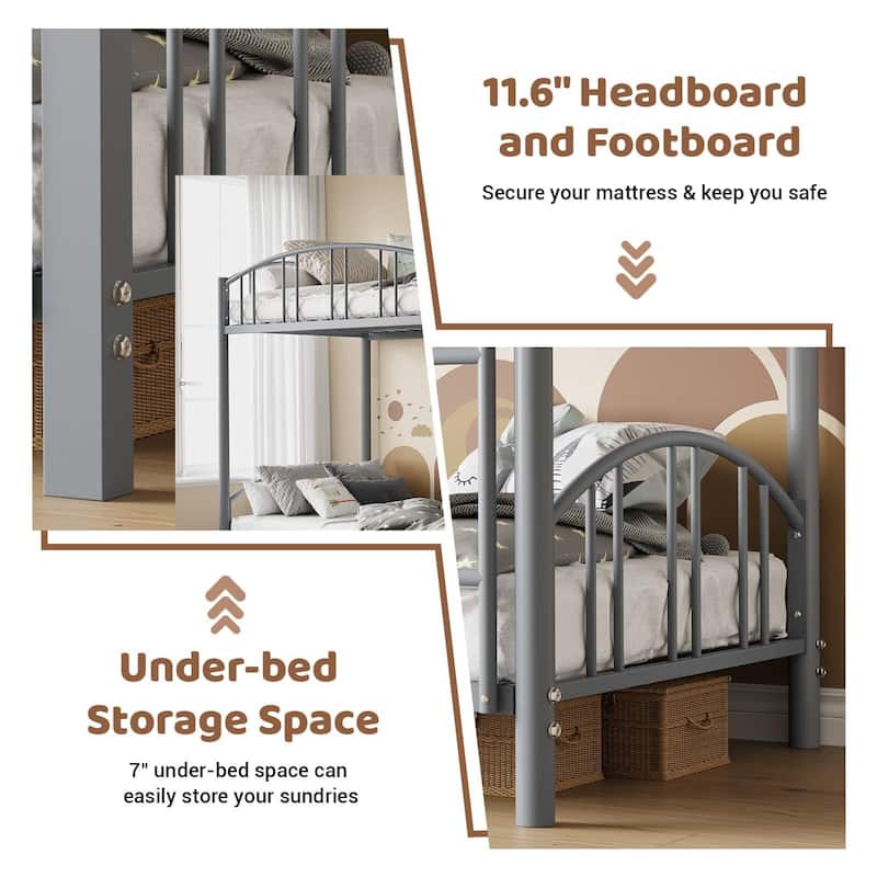 Metal Bunk Bed Twin Over Twin, with Arched Guardrail and Safety Ladder