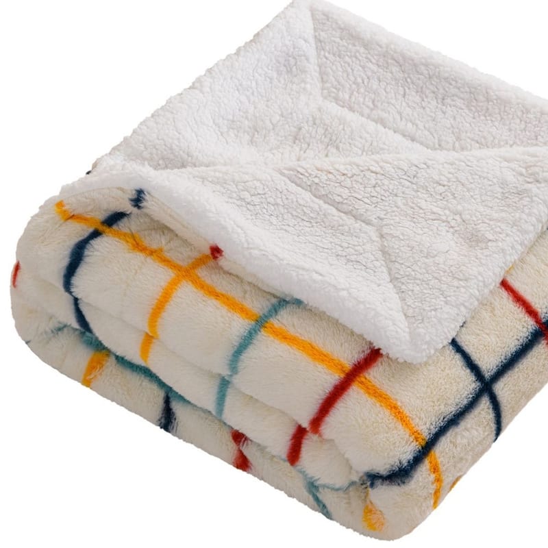 HomeRoots 50" X 60" White Yellow and Green Faux Fur Geometric Plush Throw Blanket