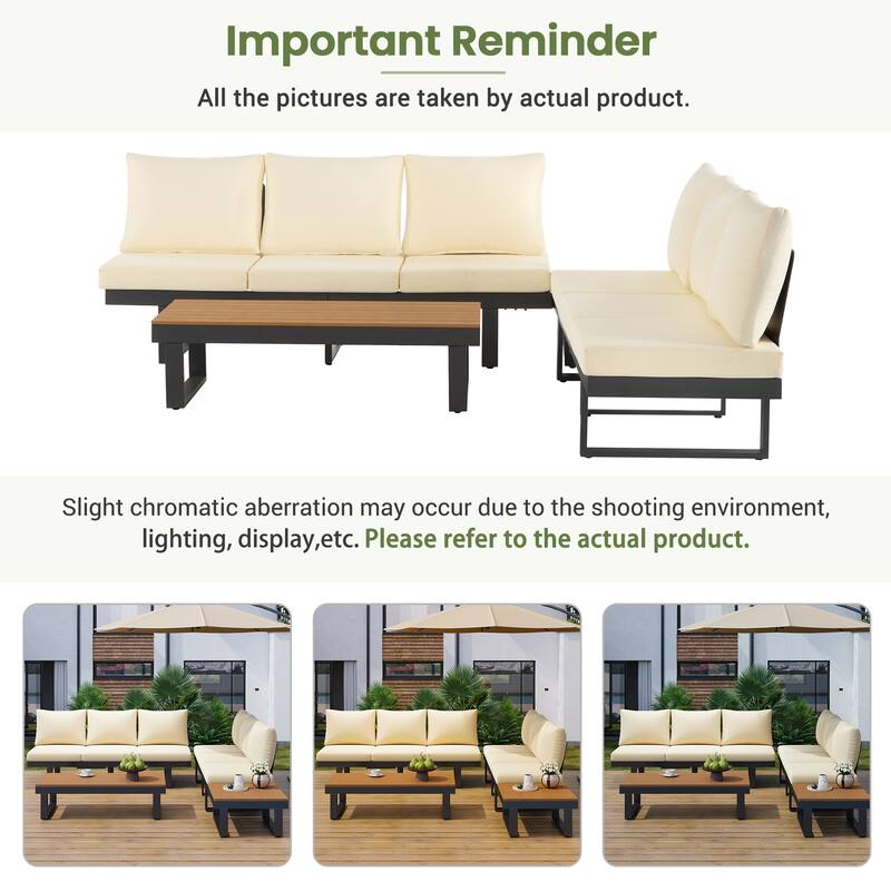 Outdoor Patio Conversation Sofa Set L-shape Sectional Sofa Set with Adjustable Reclining Seats, Coffee Table, Side Table