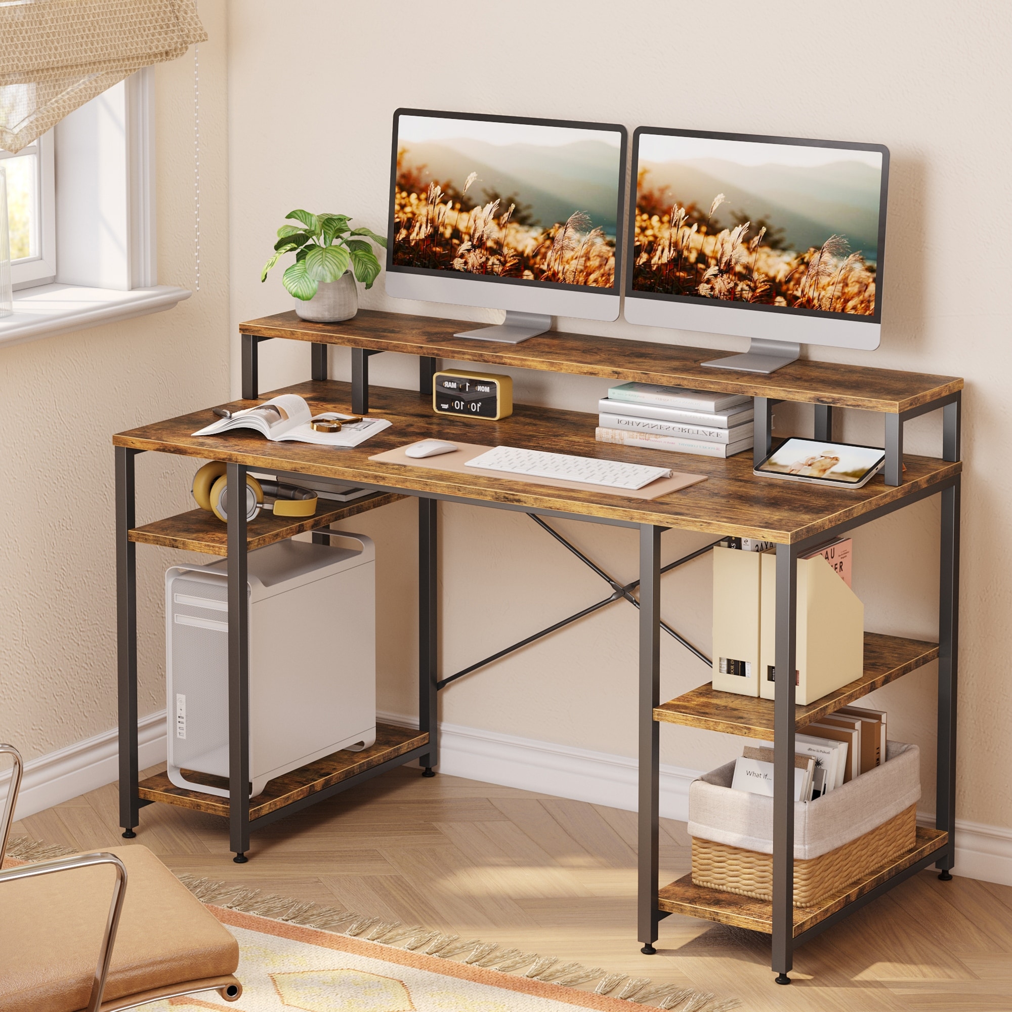55 Inch Dual Monitor Computer Desk with Adjustable Shelves - Bed Bath &  Beyond - 36220739