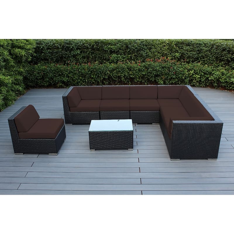 Ohana Outdoor Patio 8 Piece Black Wicker Sectional Set with Cushions - No Assembly - Brown