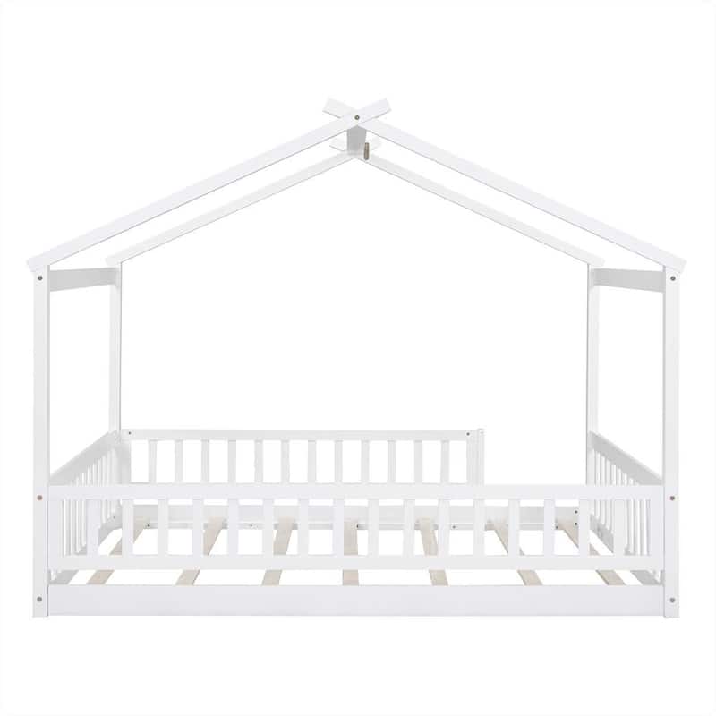 Full Size Wood Bed House Bed Frame with Fence