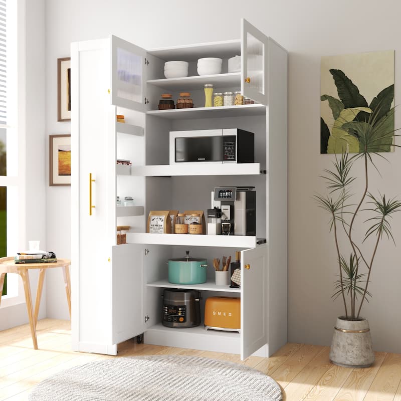 Farmhouse-Style 4-Door Pantry Cabinet – Multi-Tier Pull-Out Shelves & Built-In Organizers for Kitchen or Dining Room Storage.